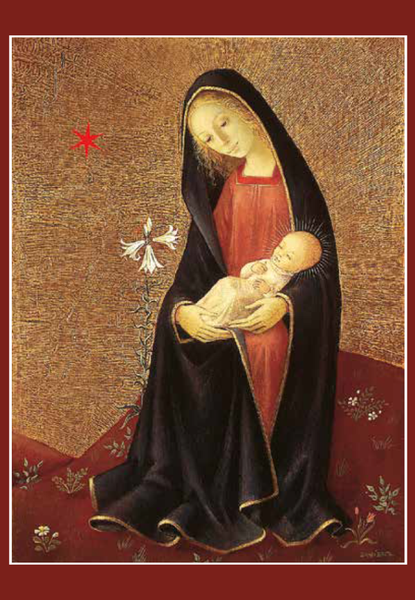 Weihnachtskarte Bradi Barth - Madonna mit Kind und weißer Lilie